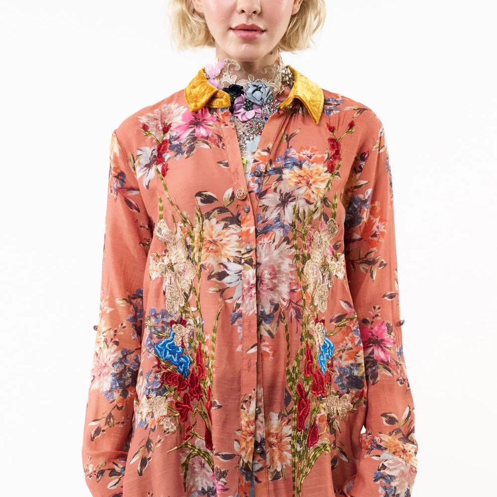 Aratta Silent Journey Gardenia Floral Button-Up Blouse with Velvet Collar